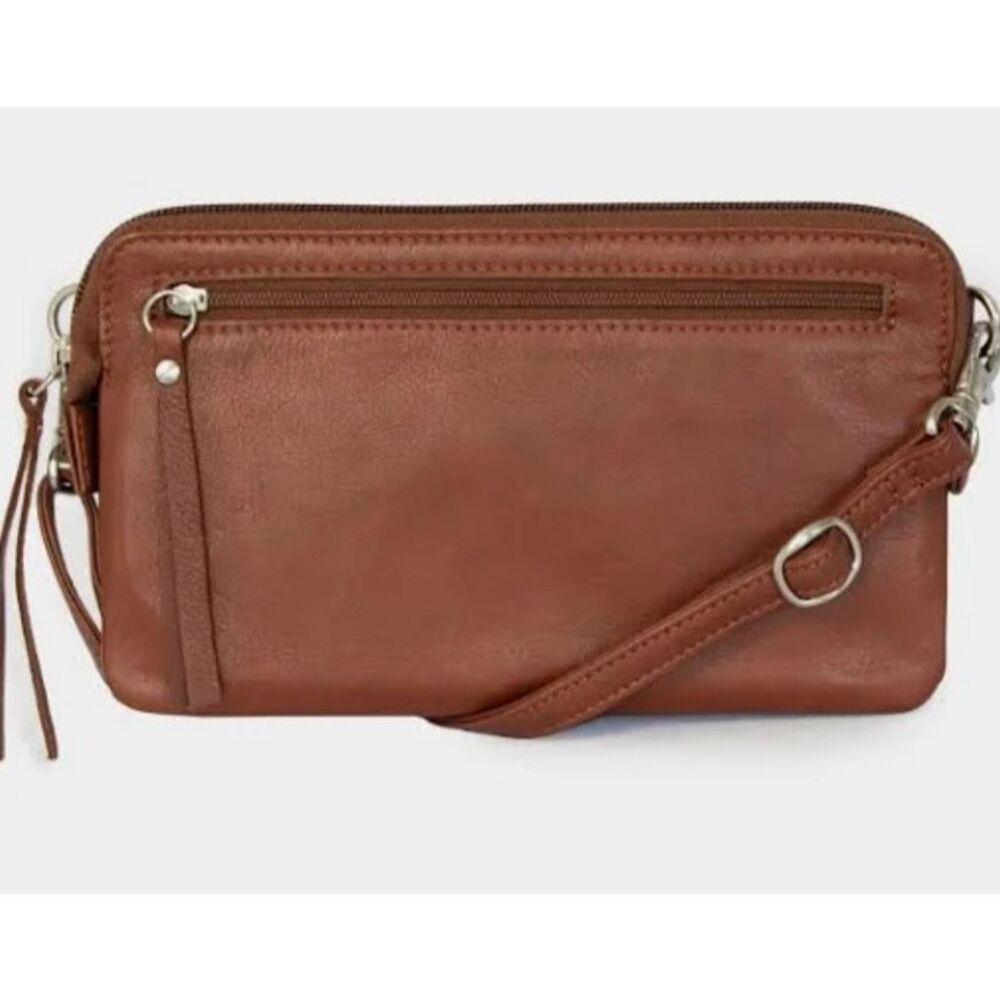 Margot New York small leather crossbody purse camel